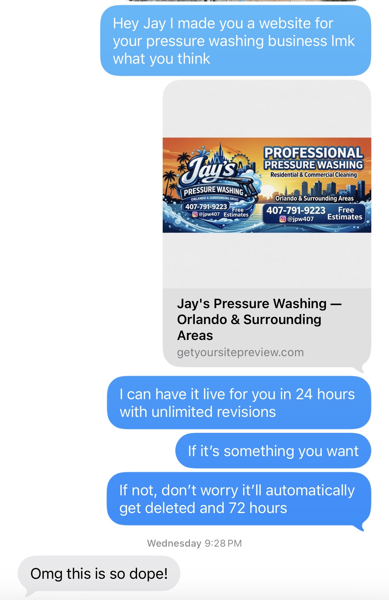 Jay's Pressure Washing iMessage thread